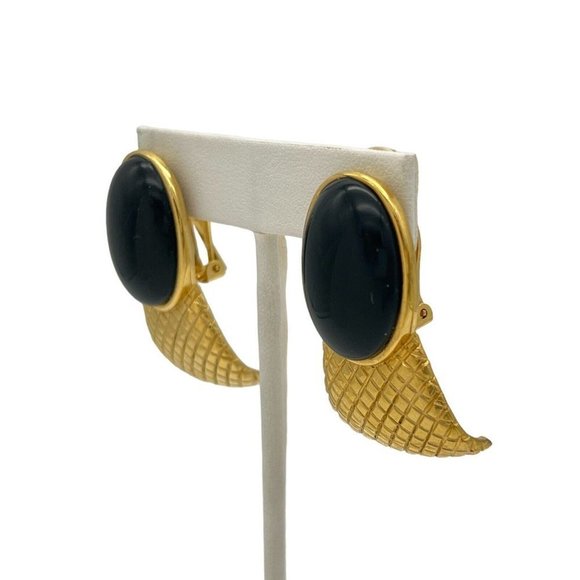 Vintage 80s Gold Curved Large Black Cabochon Statement Clip On Earrings - Picture 2 of 10